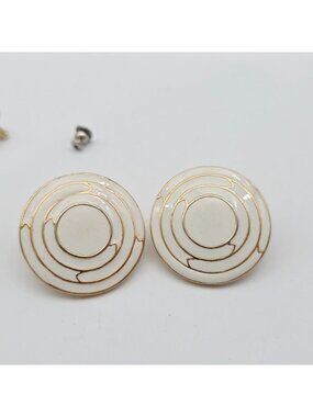 Round Gold-Tone & Cream Enamel Post Earrings With Geometric Design 1" 1980s